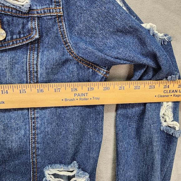 Mono B Longline Denim Jacket Women’s Large Distressed Destroyed Blue Jean Coat - Picture 9 of 14